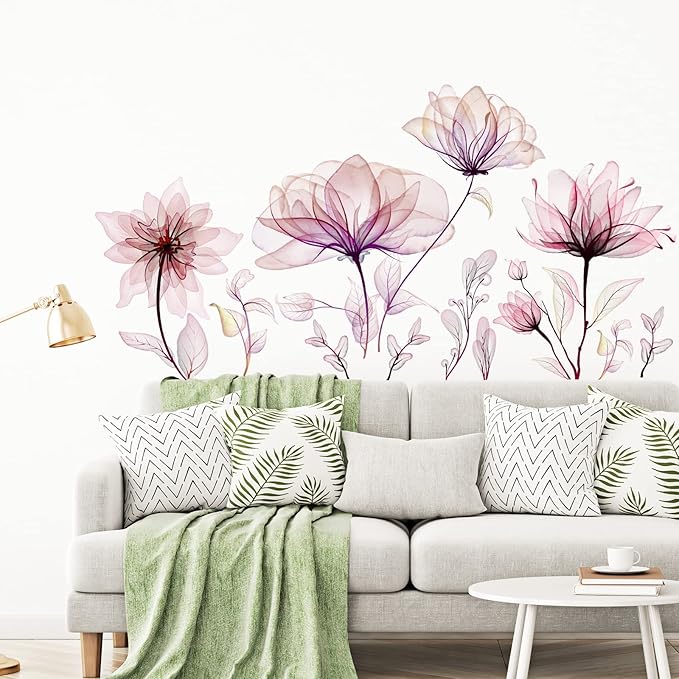 Zonon 6 Pcs Flowers Wall Decals Stickers Vinyl Removable Peel and Stick Colorful Dragonflies Floral Wall Murals Decor for Bedroom Living Room Nursery(Pink Flower)