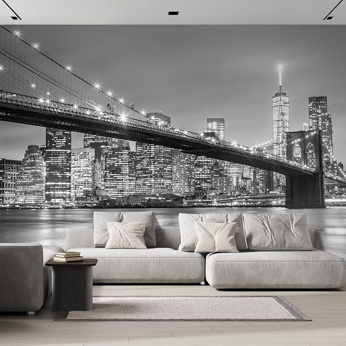 wall26 Brooklyn Bridge and New York City Manhattan Downtown Skyline at Dusk with Skyscrapers Removable Wall Mural Self-Adhesive Large Wallpaper - 66x96 inches