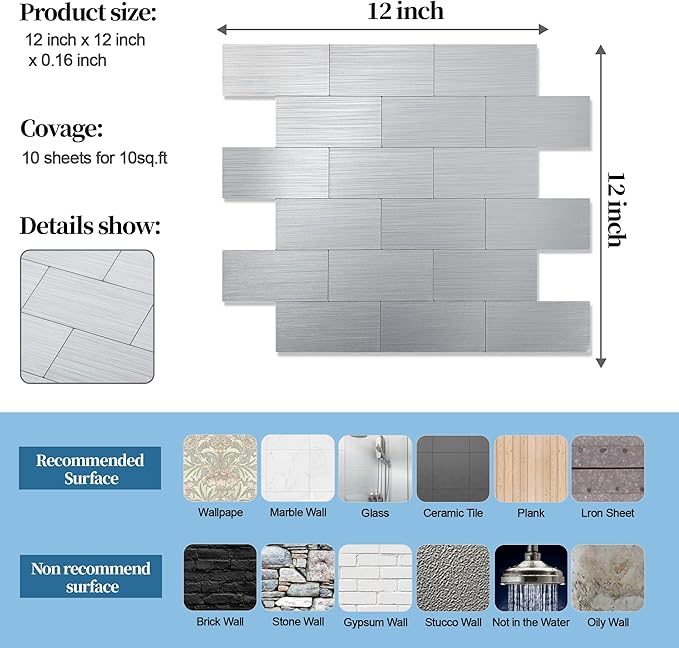 20-Pack Peel and Stick Tile Backsplash 12"X12" PVC Wall Tiles, Stick on Backsplash for Kitchen, Bathroom Tile, Fireplace Décor, Laundry Table, Stair Decals in Silver Metal
