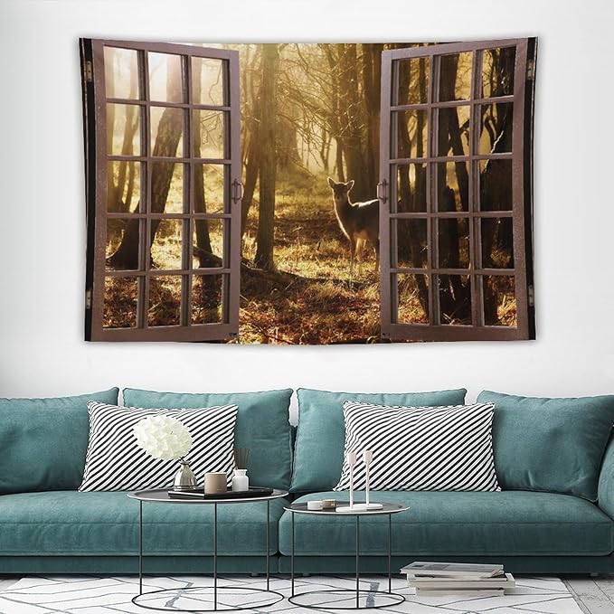 ZhiRain Forest Tapestry Wall Hanging Natural Forest And Deer at Sunset Pattern Tapestries Home Decor for Living Room Bedroom Apartment Farmhouse Dorm 60"x90"