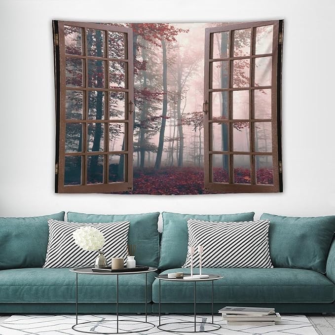 ZhiRain Nature Forest Tapestry Wall Hanging Autumn Mystic Foggy Fall Enchanted Woods Wild Trees Print Tapestries Home Decor for Living Room Bedroom Apartment Farmhouse Dorm 60"x80"
