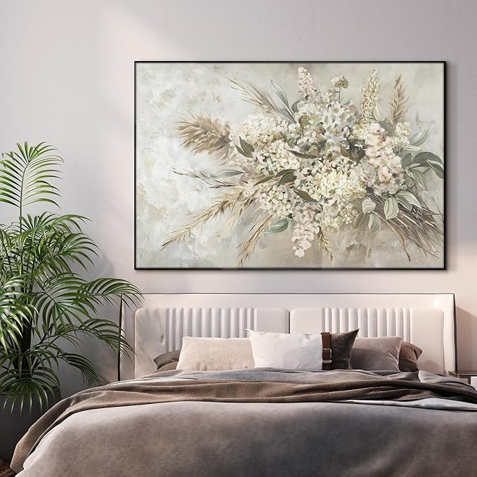 46"x72" XL Framed Wall Art - Elegant Whimsical White Flower Bouquet (Frame Assembly Required)