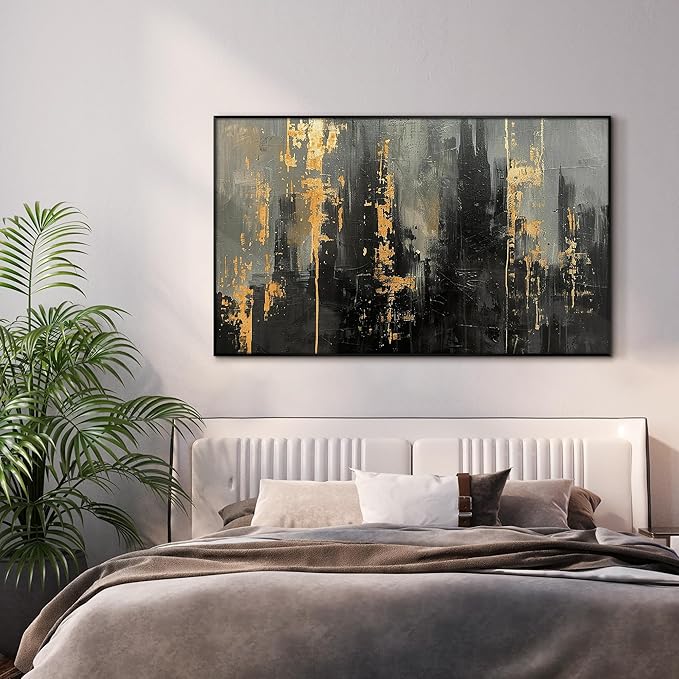 36"x60" XL Framed Wall Art - Modern Black and Gold Urban Wall Art (Frame Assembly Required)