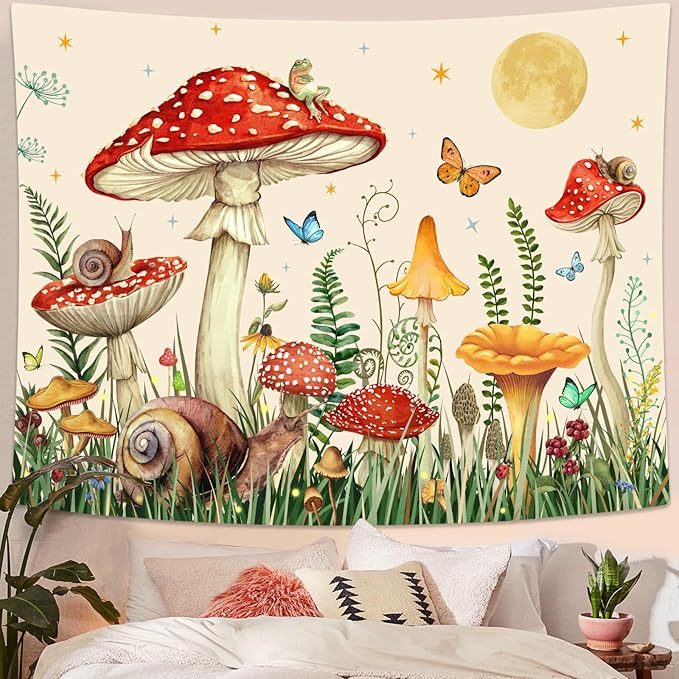 Zussun Red Mushroom Tapestry Moon Star Tapestries for Bedroom Aesthetic Beige Starry Night Green Plant Tapastrys Wall Hanging Butterfly Snail Frog Wall Tapestry for Living Room Dorm (Beige, 80" x 60")