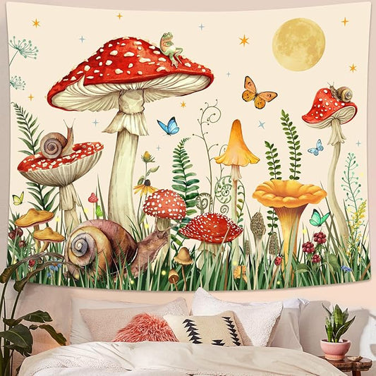 Zussun Red Mushroom Tapestry Moon Star Tapestries for Bedroom Aesthetic Beige Starry Night Green Plant Tapastrys Wall Hanging Butterfly Snail Frog Wall Tapestry for Living Room Dorm (Beige, 48" x 36")