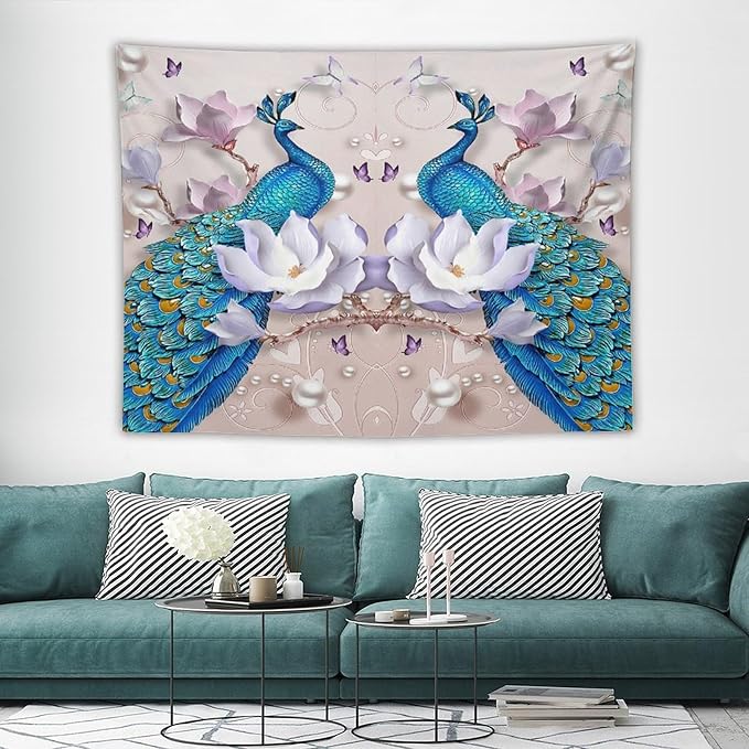 ZhiRain Peacock Tapestry Wall Hanging Beautiful Bird Flower Pearl Watercolor Pattern Print Tapestries Home Decor for Living Room Bedroom Farmhouse Apartment Dorm 60"x80"