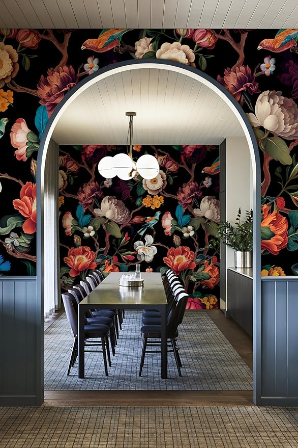 Zeeko Floral Wallpaper Black Peel and Stick Wall Mural Canvas Fabric Vintage Wallpaper for Room TV Background(59" x 98") Large Wall Paintings Home Decor