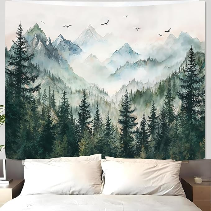 Zussun Misty Forest Mountain Tapestry Sage Green Nature Pine Tree Tapestry for Bedroom Aesthetic Watercolor Foggy Woodlands Birds Landscape Tapestries Wall Hanging for Living Room Dorm 60 x 44 Inch