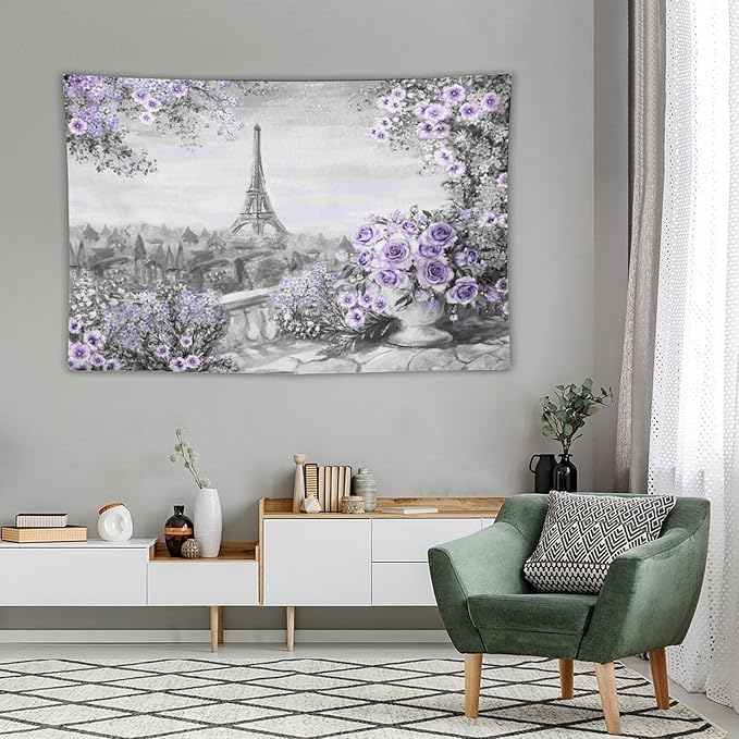 ZhiRain Vintage Paris Tapestry Wall Hanging Eiffel Tower Purple Rose Flower Spring Cityscape Gray Tapestries Home Decor for Living Room Bedroom Apartment Farmhouse Dorm 40"x60"