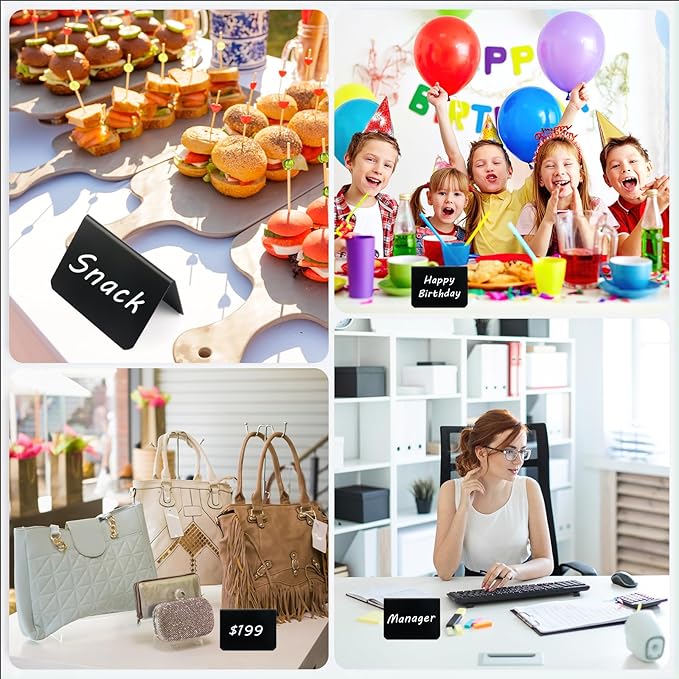 12 Pcs Mini Chalkboard Signs, 4"x3" Reusable PVC Food Labels for Party Buffet, Small Table Place Cards, Durable Chalk Board Signs for Tables, Birthday, Weddings, Bakery, Event Decoration (V Shape)