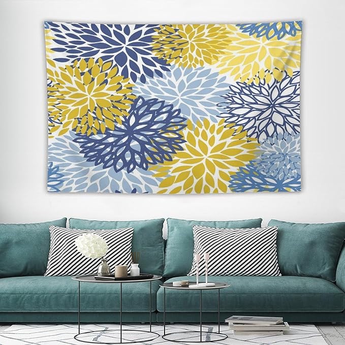 ZhiRain Blue Yellow Floral Tapestry Wall Hanging Boho Dahlia Chrisanthemum Flowers Pattern Tapestries Home Decor for Living Room Bedroom Farmhouse Apartment Dorm 40"x60"