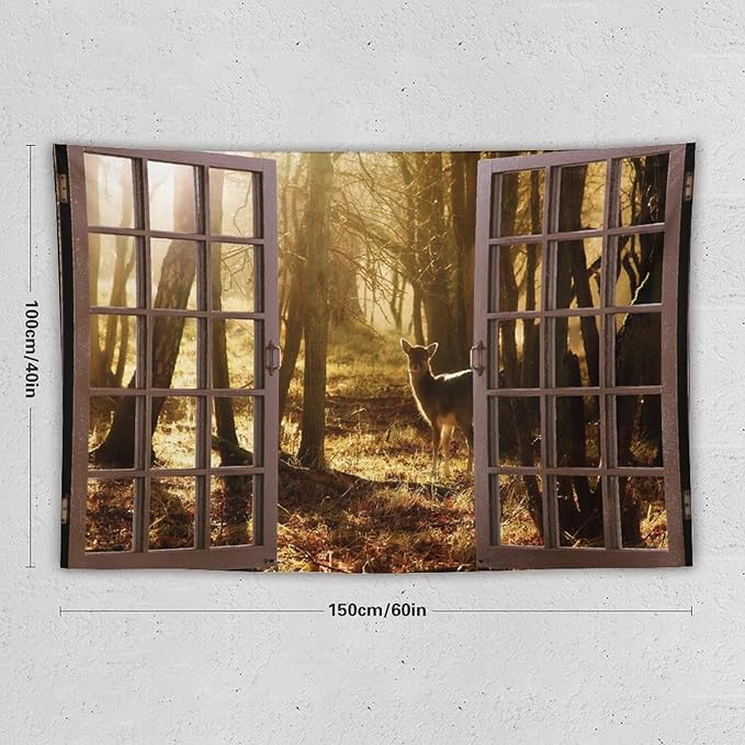ZhiRain Forest Tapestry Wall Hanging Natural Forest And Deer at Sunset Pattern Tapestries Home Decor for Living Room Bedroom Apartment Farmhouse Dorm 40"x60"