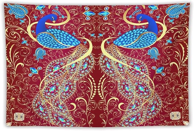 ZhiRain Peacock Ornament Tapestry Wall Hanging Golden Red Background Elegant Bohemian Style Tapestries Home Decor for Living Room Bedroom Farmhouse Apartment Dorm 60"x90"