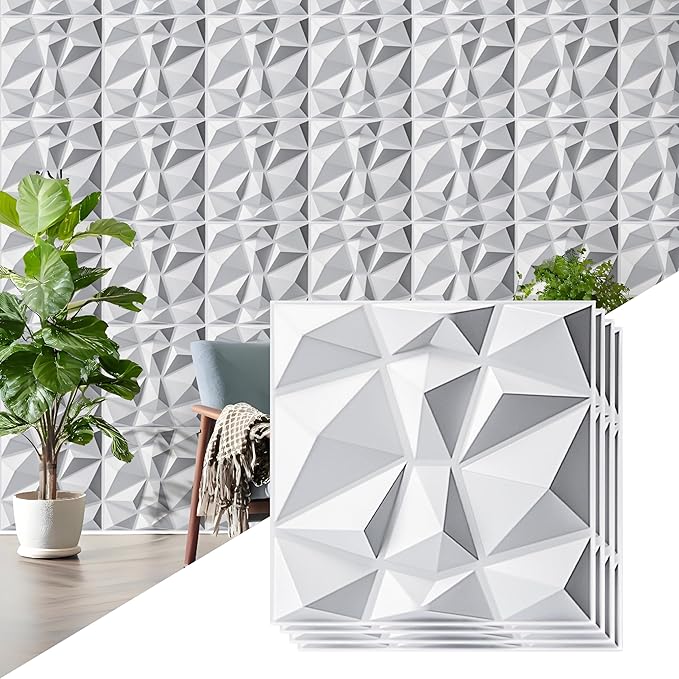 AMIGO 20-Piece 3D Wall Panels Diamond Pattern, High-Strength PVC, 12''x12'' Deformation-Resistant, Recyclable, Waterproof, Heat-Resistant, Odorless, Matte White