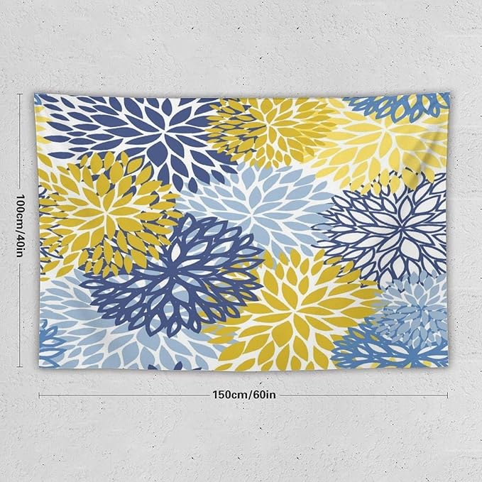 ZhiRain Blue Yellow Floral Tapestry Wall Hanging Boho Dahlia Chrisanthemum Flowers Pattern Tapestries Home Decor for Living Room Bedroom Farmhouse Apartment Dorm 40"x60"