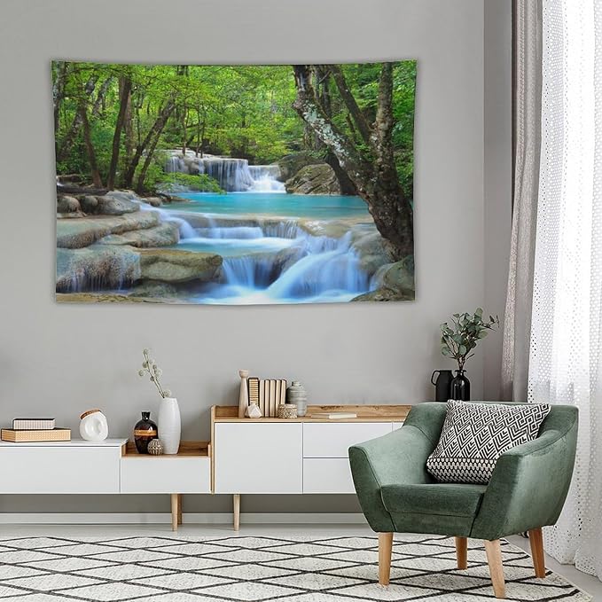 ZhiRain Waterfall Tree Tapestry Wall Hanging Natural Scenery Forest Garden Spring Stone River Tapestries Home Decor for Living Room Bedroom Apartment Farmhouse Dorm 60"x90"