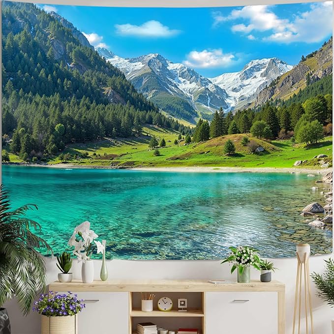 Zussun Nature Forest Mountain Tapestry Lush Green Pine Tree Lake Tapestry for Bedroom Aesthetic Meadow Mountain Landscape Large Tapestries Wall Hanging for Dorm Living Room Decor 80 x 60 Inch
