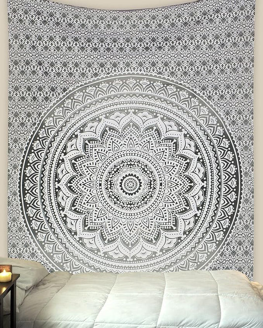 THE ART BOX Grey Black Cotton Tapestry Mandala Wall Hanging – Tapestry for Bedroom – Boho Room Decor – King Size Aesthetic Tapestry 90x104 Inches