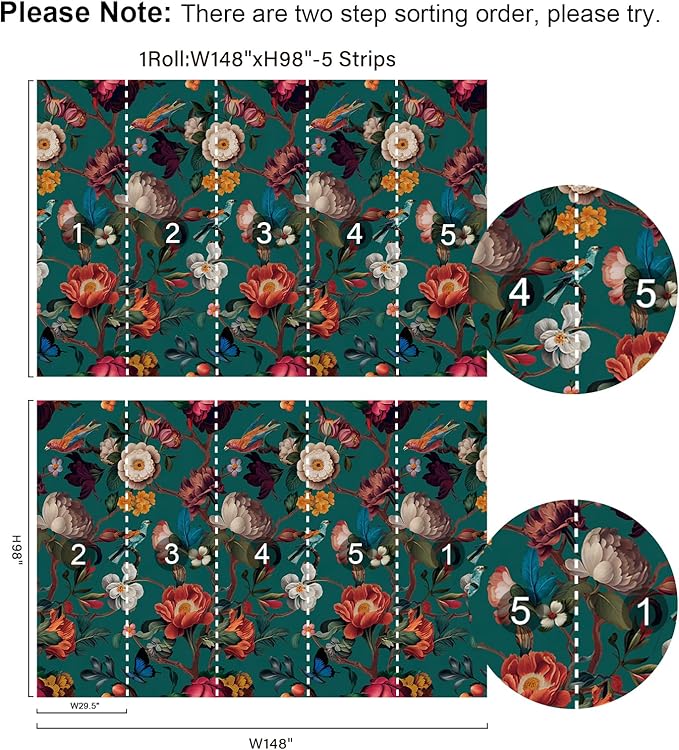 Zeeko Floral Wall Mural Peel and Stick Wallpaper 148" W x 98" H Removable Large Mural Vintage Wall Paper Self-Adhesive Wall Mural for Bedroom Livingroom Home Art Decor Dark Blue Mural Wallpaper