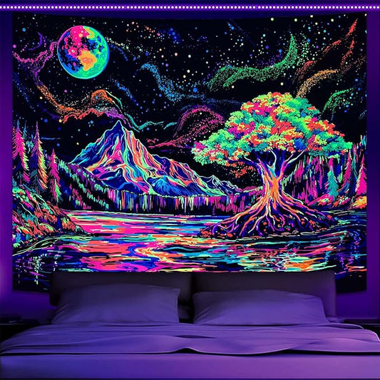 Zussun Blacklight Mountain Forest Tapestry Hippie Tree of Life Tapestries for Bedroom Aesthetic Glow in The Dark Moon and Stars Tapestry Wall Hanging for Living Room Dorm 48 × 36 Inch
