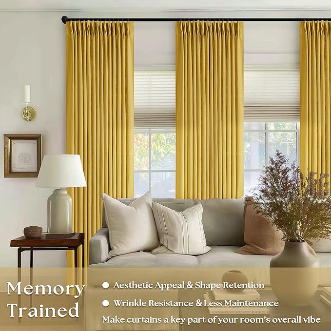 80 Inch Pinch Pleated Linen Curtains 2 Panels for Living Room Bedroom Boho Farmhouse Mustard Yellow Semi Sheer Back Tab Pinch Pleat Hooks Rings Window Curtain Harvest Gold Yellow Spring Decor