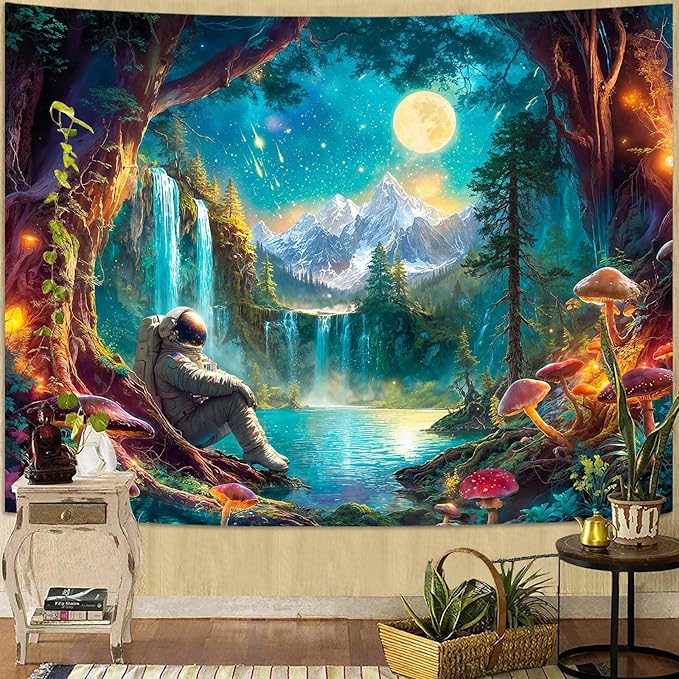 Zussun Mushroom Forest Tapestry Astronaut Nature Waterfull Snow Mountain Tapestry for Bedroom Aesthetic Fairy Moon Landscape Small Tapestries Wall Hanging for Dorm Living Room Decor 60 x 44 Inch