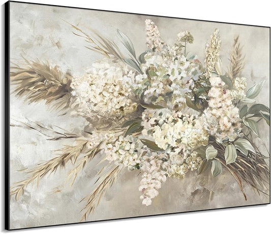 46"x60" XL Framed Wall Art - Elegant Whimsical White Flower Bouquet (Frame Assembly Required)