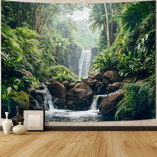 Zussun Nature Forest Tapestry Green Rainforest Tree Wall Tapestry for Bedroom Aesthetic Waterfall Lush Landscape Large Tapestries Wall Hanging for Dorm Living Room Decor 80 x 60 Inch
