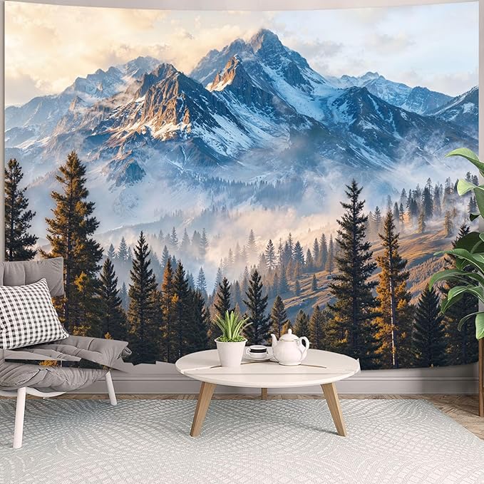 Zussun Nature Forest Mountain Tapestry Misty Pine Tree Woodland Wall Tapestry for Bedroom Aesthetic Snowy Mountain Landscape Large Tapestries Wall Hanging for Dorm Living Room Decor 90 x 68 Inch