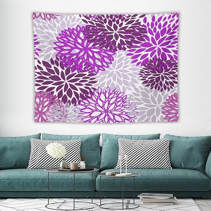 ZhiRain Dahlia Flower Tapestry Wall Hanging Purple Abstract Floral Chrisanthemum Pattern Tapestries Home Decor for Living Room Bedroom Farmhouse Apartment Dorm 60"x80"