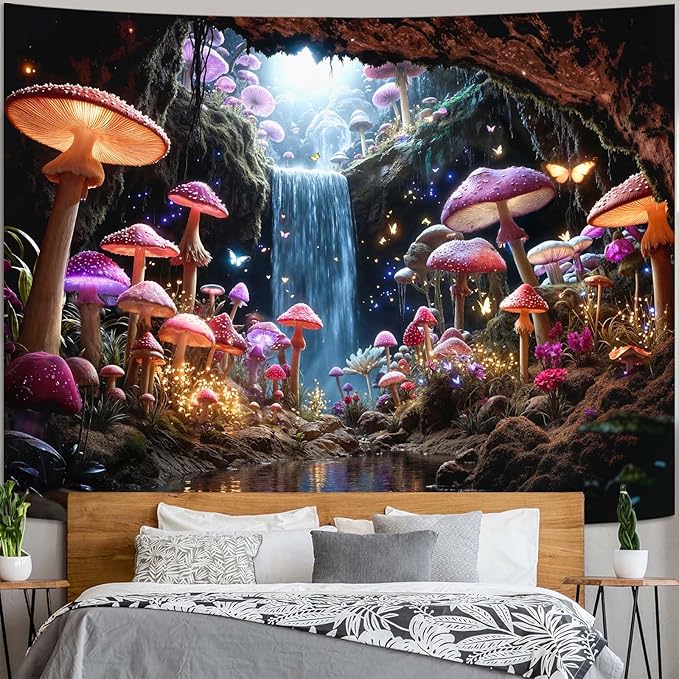 Zussun Fantasy Mushroom Waterfull Tapestry Fairy Butterfly Cave Wall Tapestry for Bedroom Aesthetic Nature Magic Floral Small Tapestries Wall Hanging for Dorm Living Room Decor 48 x 36 Inch