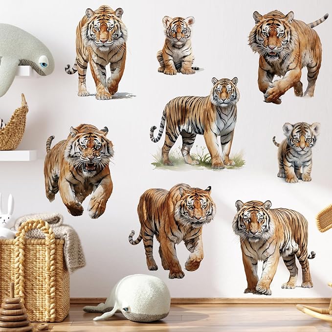 AM AMAONM Removable 3D Nature Jungle Wild Animals Wall Stickers DIY Peel and Stick Safari Tiger Lion Elephant Wall Decals Aniaml Wall art Decor for Kids Baby Bedroom Nursery Living Room (Tiger family)