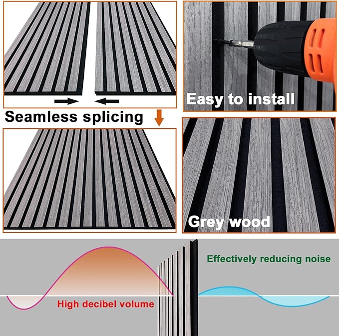 YLL YLL Wood Wall Panels Acoustic Wall Panels for Interior Wall Decoration Two 94.68" x 12.79" Wood Slat Paneling 3D soundproof Wall Panels Grey Oak