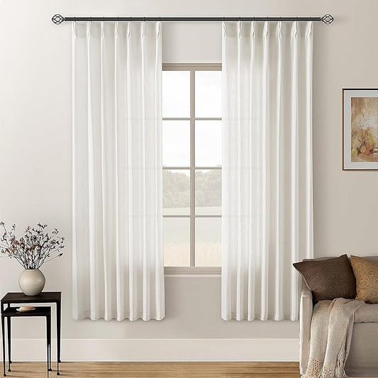 72 Inch Pinch Pleated Linen Curtains 2 Panels for Living Room Bedroom Memory Training Shaped Cream Birch Semi Sheer Short Pleat Drapes with Hooks Rings Back Tab Window Curtain Cabin Closet 40x72