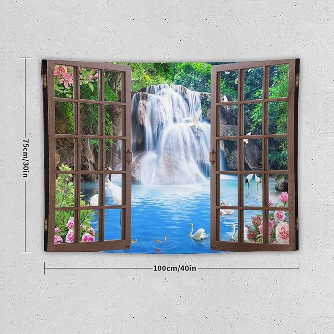 ZhiRain Waterfall Landscape Tapestry Wall Hanging Natural Forest Garden Trees And Roses Flower Scenery Tapestries Home Decor for Living Room Bedroom Apartment Farmhouse Dorm 30"x40"