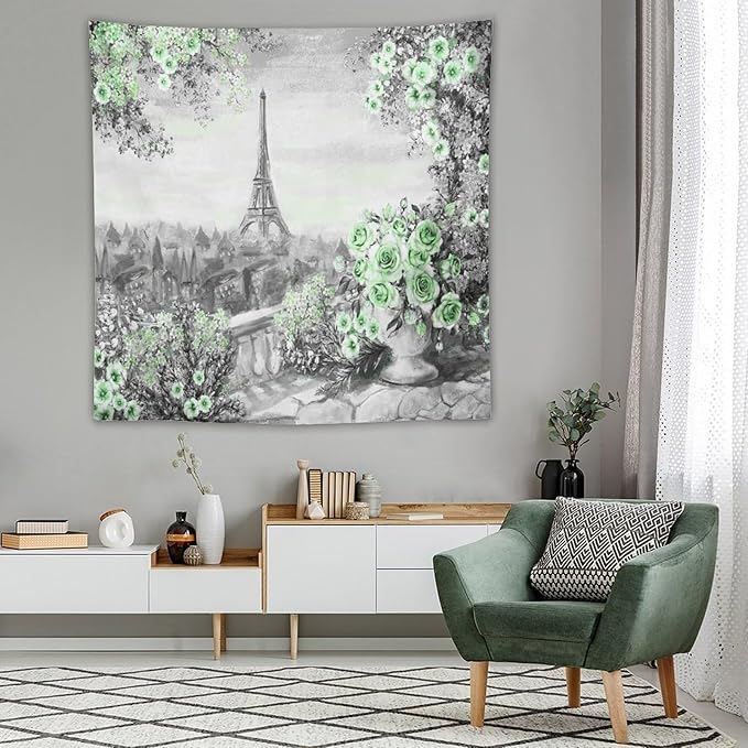 ZhiRain Vintage Paris Tapestry Wall Hanging Eiffel Tower Green Rose Flower Spring Cityscape Gray Tapestries Home Decor for Living Room Bedroom Apartment Farmhouse Dorm 60"x60"