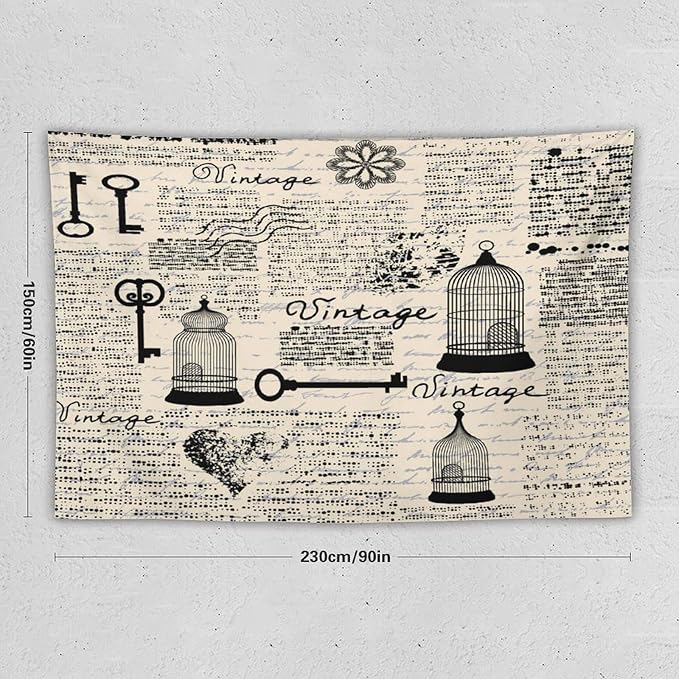 ZhiRain Old Newspaper Tapestry Wall Hanging Bird Cages Grunge Retro Pattern Keys Heart Shapes And Flower Tapestries Home Decor for Living Room Bedroom Apartment Farmhouse Dorm 60"x90"