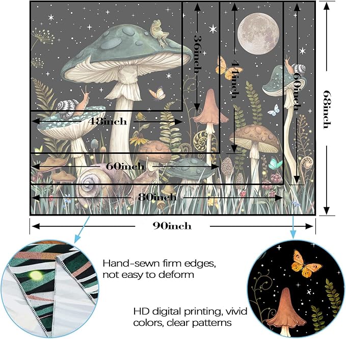 Zussun Green Mushroom Tapestry Moon Star Tapestries for Bedroom Aesthetic Starry Night Plant Tapastrys Wall Hanging Butterfly Snail Frog Wall Tapestry for Living Room Dorm (Dark, 90" x 68")