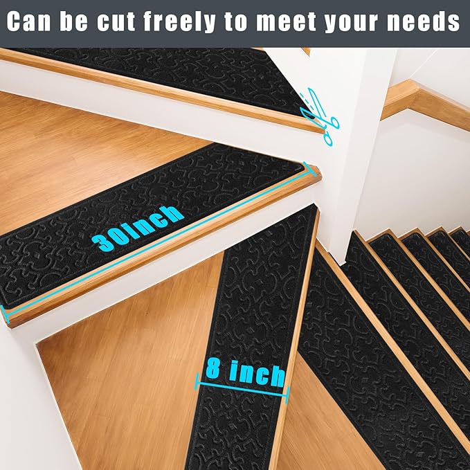 15Pcs Stair Treads for Wooden Steps With Self Adhesive, 8"x30" Non Slip Stair Runners-Peel & Stick Indoor Stair Carpet Runner, Resistant Runner for Kids, Elders and Pets, Black