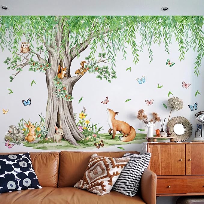 AM AMAONM Large Removable Watercolor Tree with Hanging Green Leaves Vine Wall Sticker Cartoon Animals Wall Decal Peel and Stick Flower Decor for Kids Bedroom Nursery Living Room