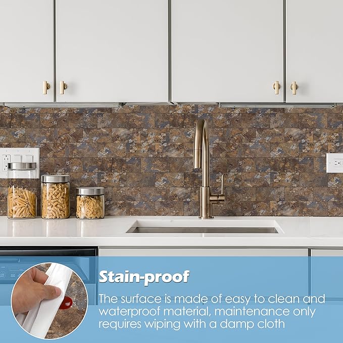 10-Pack Peel and Stick Tile Backsplash 12"X12" PVC Wall Tiles, Stick on Backsplash for Kitchen, Bathroom Tile, Fireplace Décor, Laundry Table, Stair Decals in Rustic