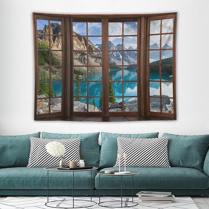ZhiRain Mountain Landscape Tapestry Wall Hanging Nature Scenery Lake Pine Tree Forest Blue Sky Through Brown Window Tapestries Home Decor for Living Room Bedroom Apartment Farmhouse 60"x80"