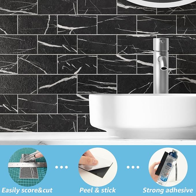 Art3d 102-Piece Faux Stone Peel and Stick Backsplash Tile, Waterproof Thick PVC Stick On Subway Wall Tile for Kitchen Bathroom Laundry Room Fireplace - 3" x 6" Black Marble