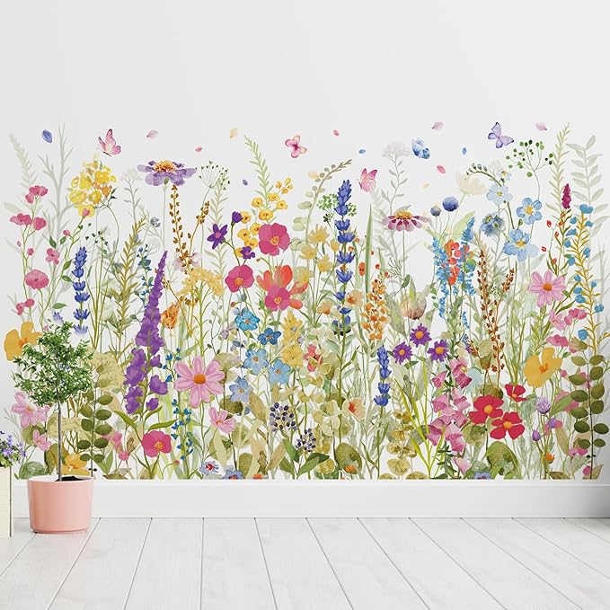 Zonon 6 Pcs Flowers Wall Decals Stickers Vinyl Removable Peel and Stick Colorful Dragonflies Floral Wall Murals Decor for Bedroom Living Room Nursery (Wildflowers)