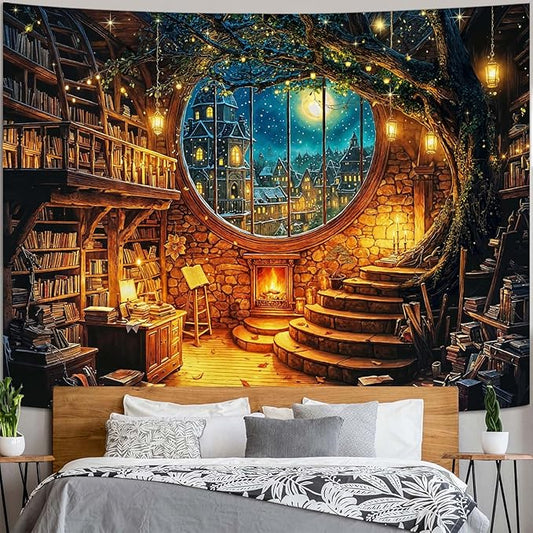 Yeoiat Tapestry Magical Winter Library Tapestries Round Window Wall Hanging Snowy Village Cottagecore Decor Bedroom Dormitory 60"x44"