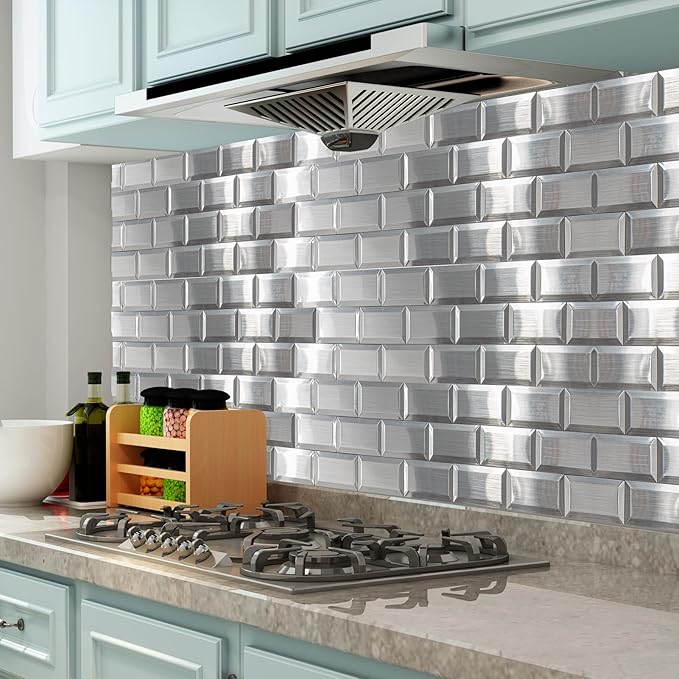 Art3d 100 Pcs Peel and Stick Backsplash Tiles, 3D Textured Metal Stick On Subway Wall Tiles for Kitchen Back Splashes, Bathroom, Laundry Room, 3 x 6 Inch, Stainless