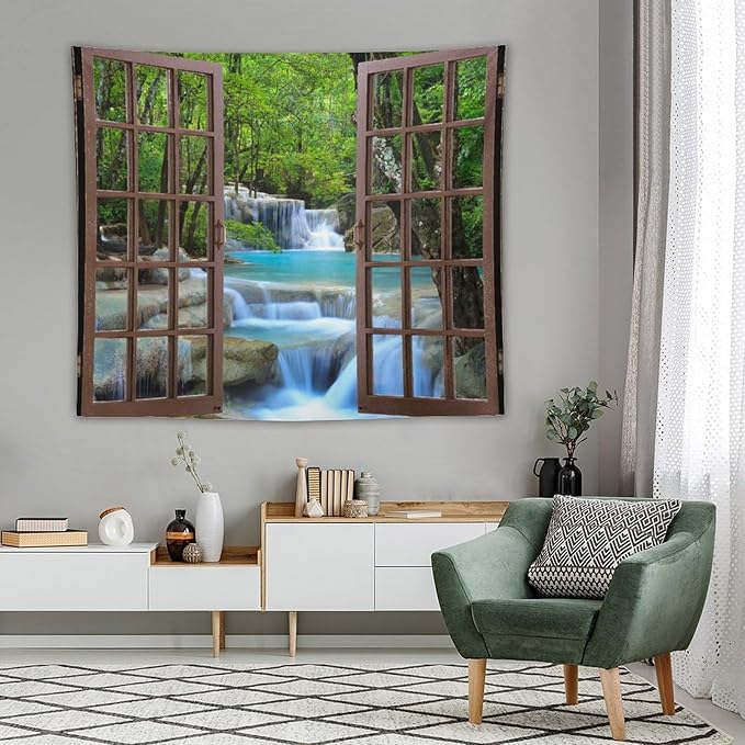 ZhiRain Waterfall Tree Landscape Tapestry Wall Hanging Natural Scenery Forest Garden Spring Stone River Tapestries Home Decor for Living Room Bedroom Apartment Farmhouse Dorm 50"x60"