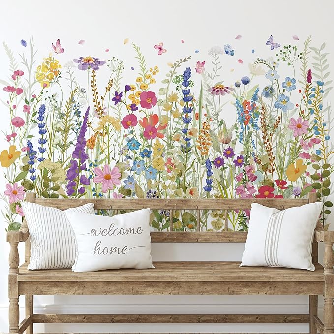 Zonon 6 Pcs Flowers Wall Decals Stickers Vinyl Removable Peel and Stick Colorful Dragonflies Floral Wall Murals Decor for Bedroom Living Room Nursery (Wildflowers)