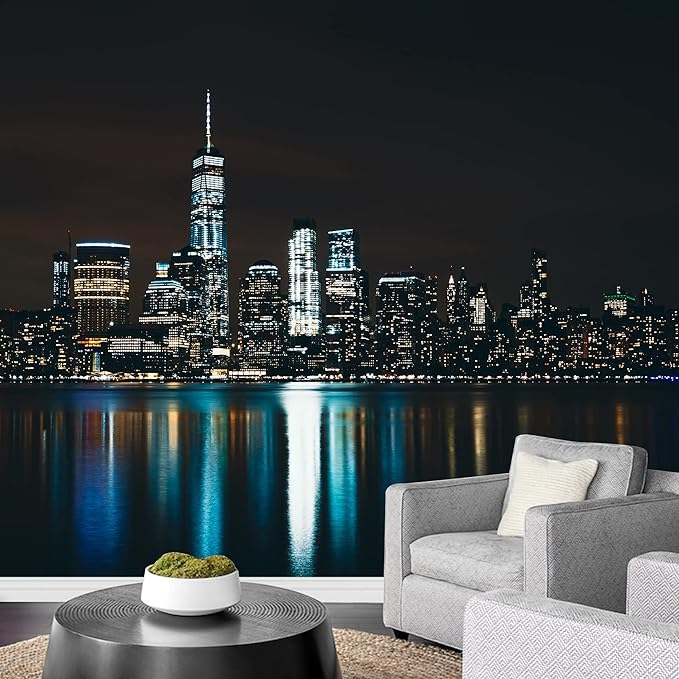 wall26 Removable Wall Sticker Wall Mural Dark Midnight City Light Reflection Cityscape Landmarks Photography Realism Urban Landscape Colorful for Living Room, Bedroom, Office - 66x96 inches