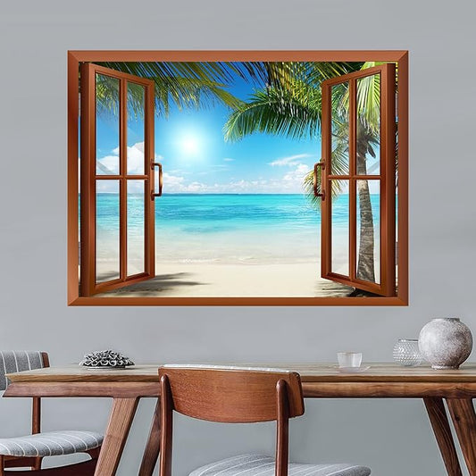 wall26 Beautiful Landscape of Palm Tree on The Beach and Clear Sea from Inside a Window Removable Wall Sticker/Wall Mural - 24"x32"